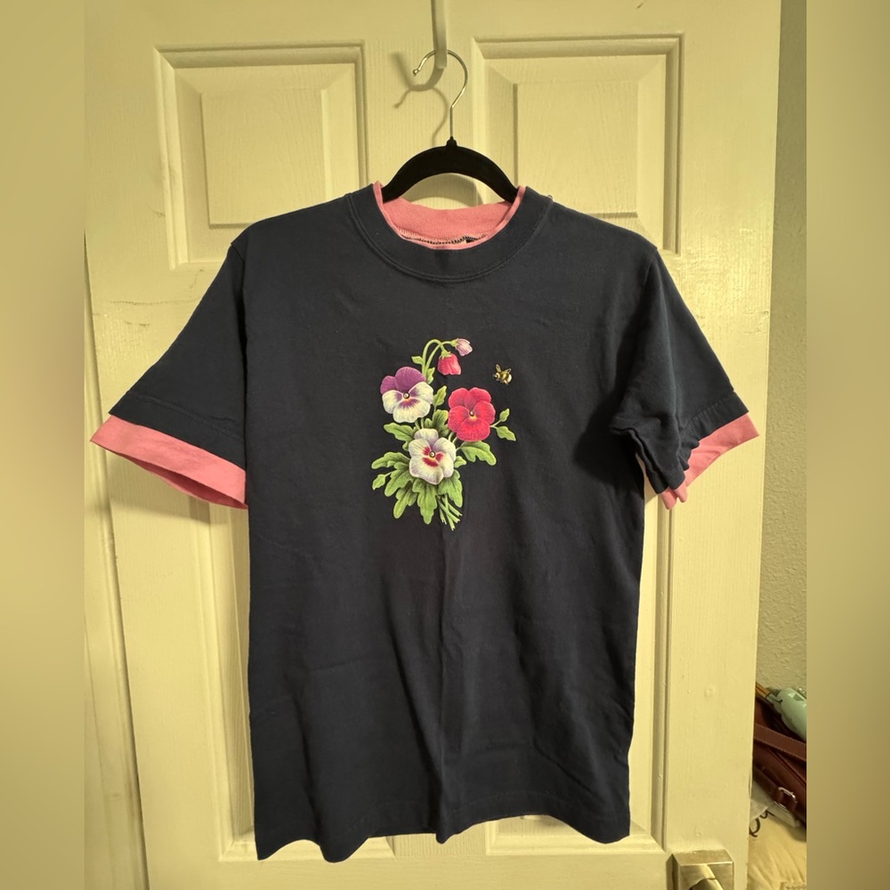 Morning Sun Navy and Pink Pansy shirt